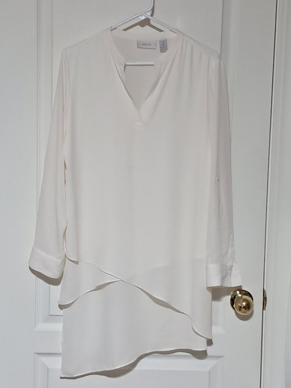 Chicos Ivory Color Asymmetric Hem Tunic with Convertible Sleeves, Size 1